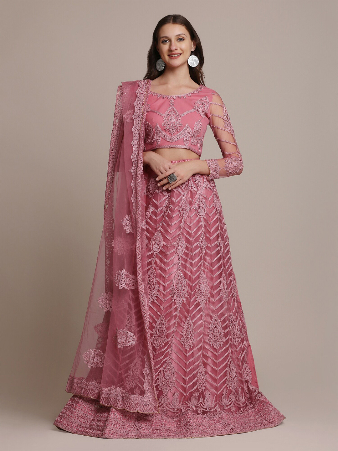 Warthy Ent Pink & Silver-Toned Embroidered Thread Work Semi-Stitched Lehenga & Unstitched Blouse With