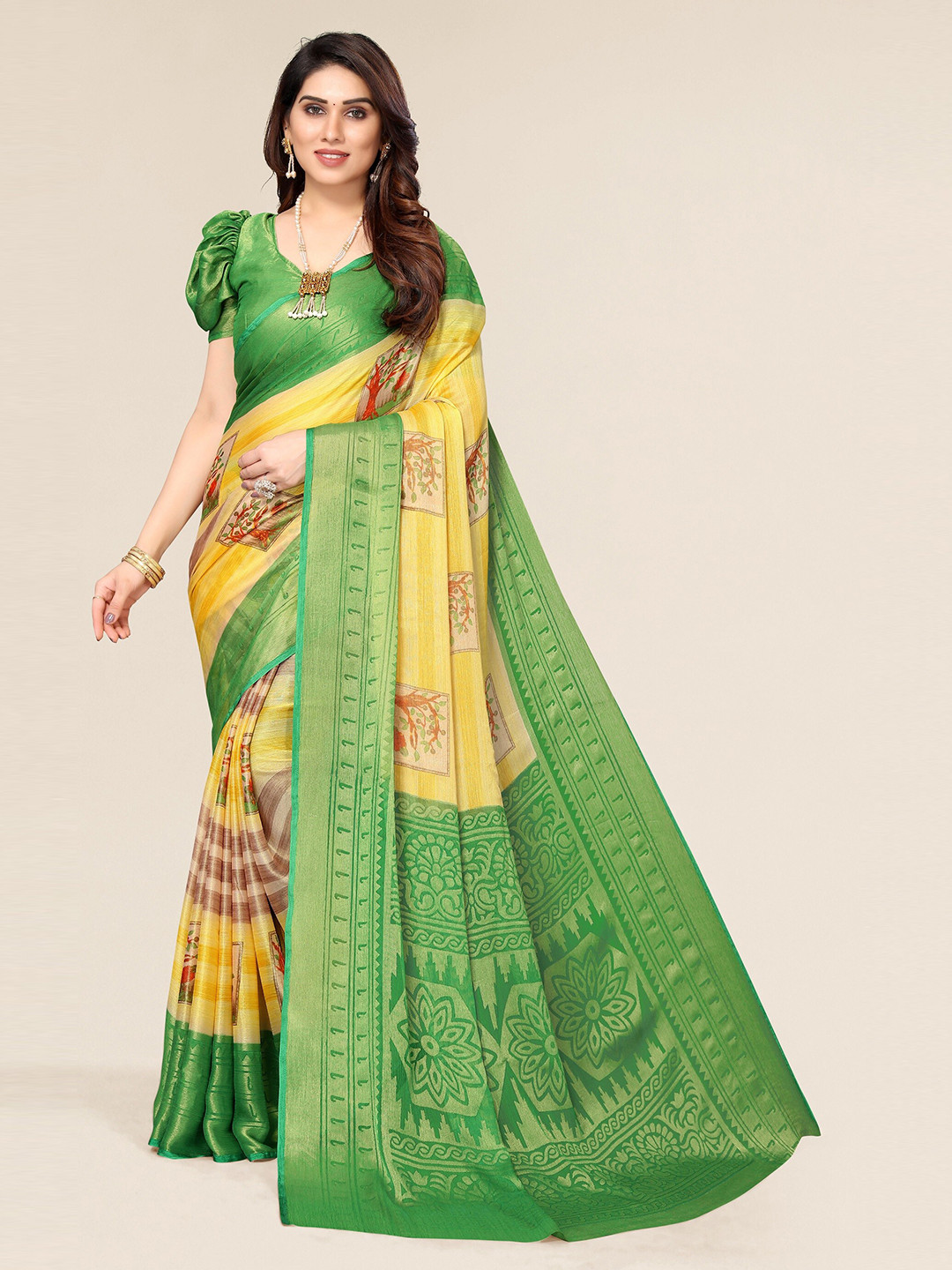 Winza Designer Green & Yellow Floral Zari Brasso Leheriya Saree