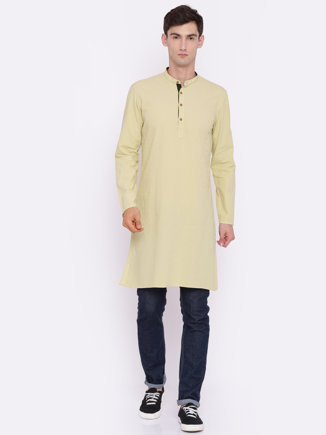 British Club Men Beige Woven Design Straight Kurta