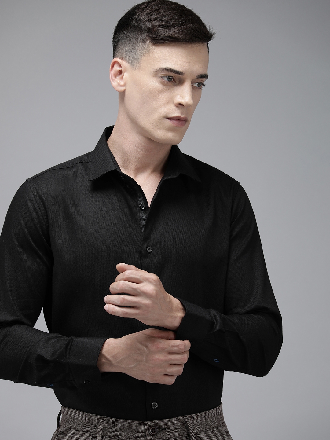 Rare Rabbit Men's Hero Black Cotton Fabric Full Sleeves Textured Shirt