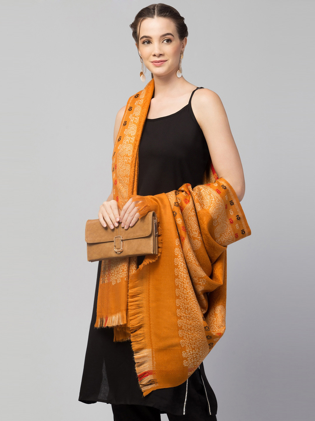 Tweedle Women Yellow Paisley Woven Design Wool Shawl