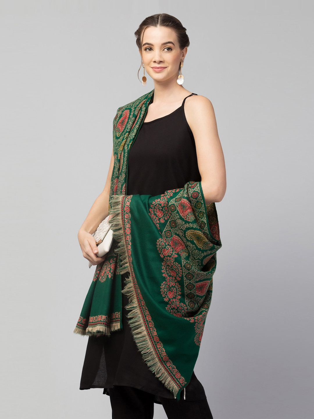 Tweedle Women Green Jamawar Frayed Hems Design Shawl