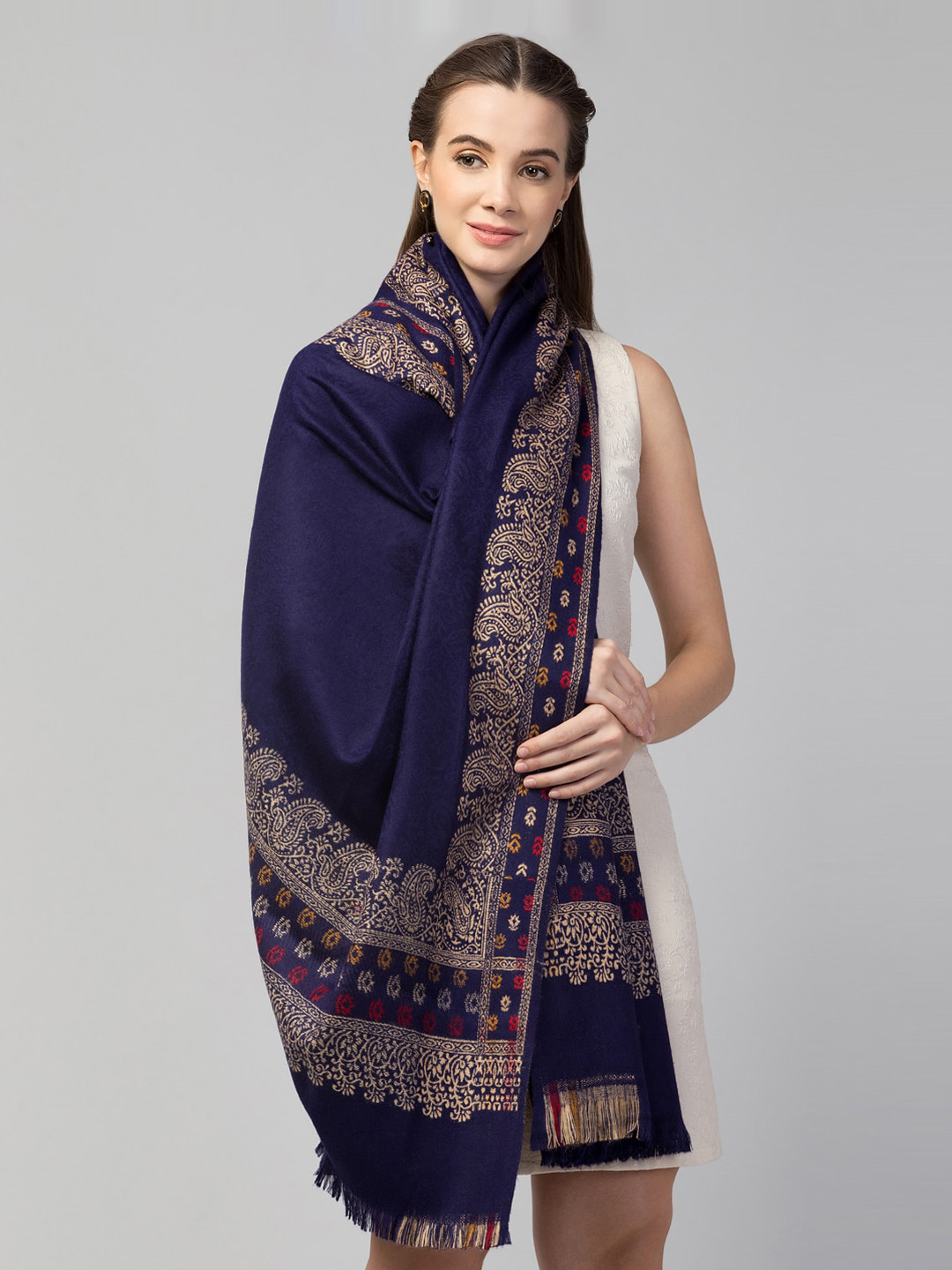 Tweedle Women Blue Jamawar Shawl with Frayed Hems