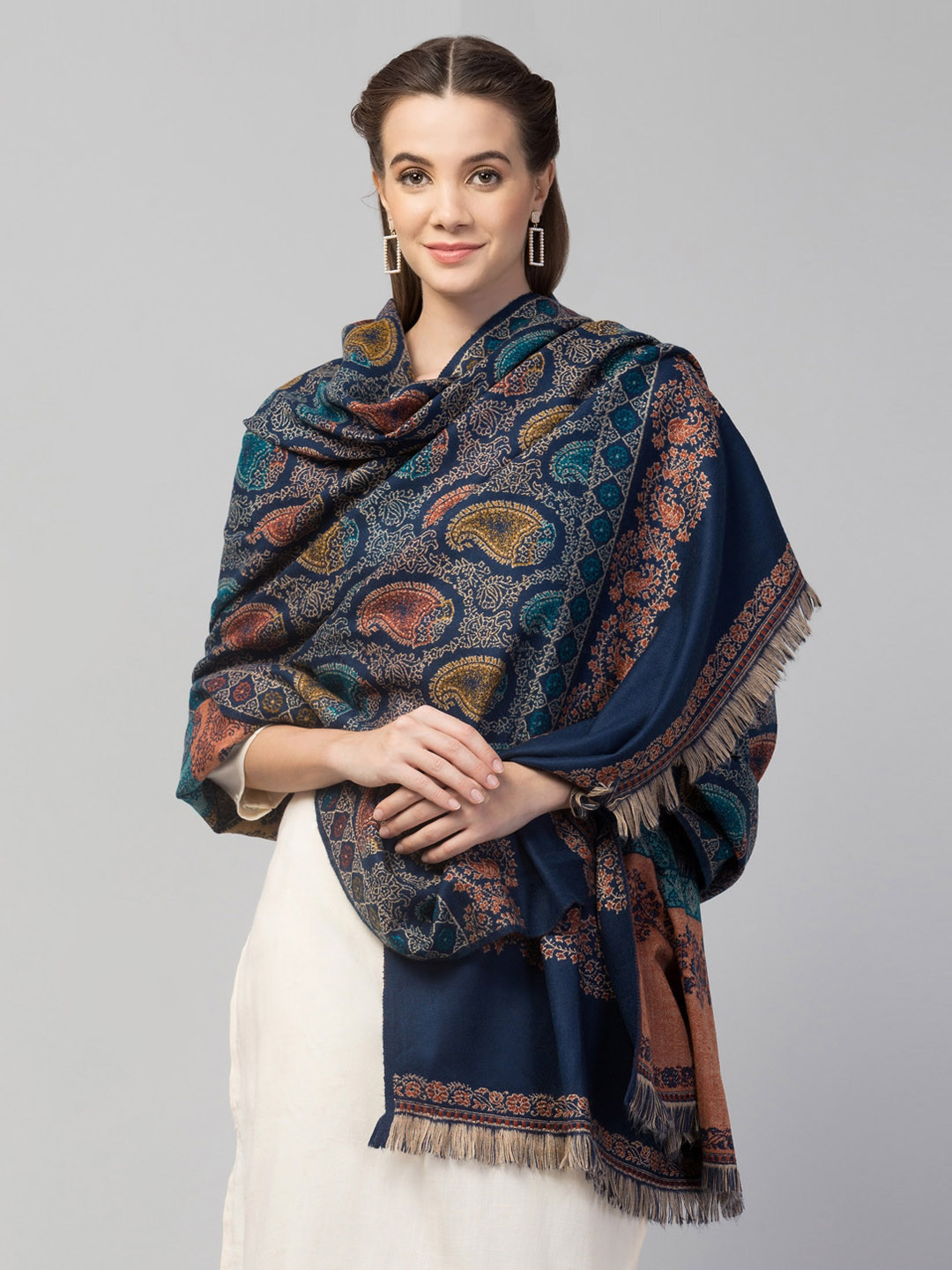 Tweedle Women Blue Printed Woven Woolen Design Shawl