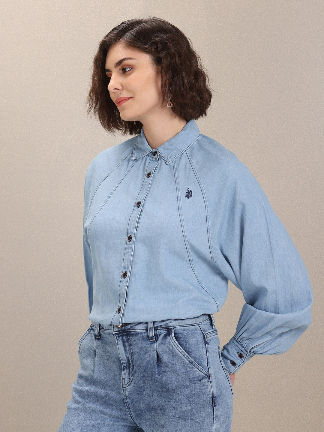 U S Polo Assn Women Blue Boxy Casual Cotton Shirt