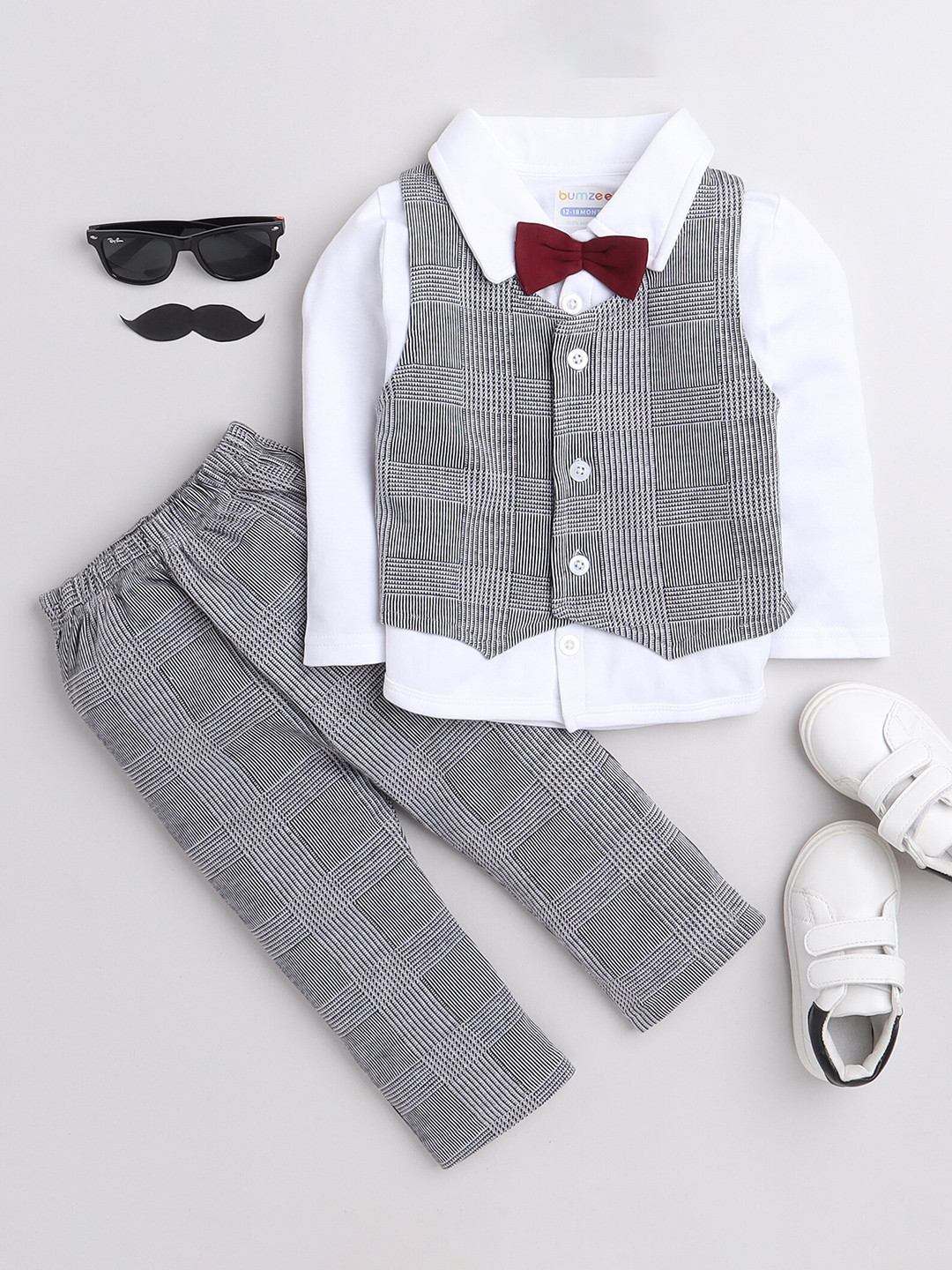 BUMZEE Boys Grey & White Pure Cotton Shirt with Trousers With Applique Bow