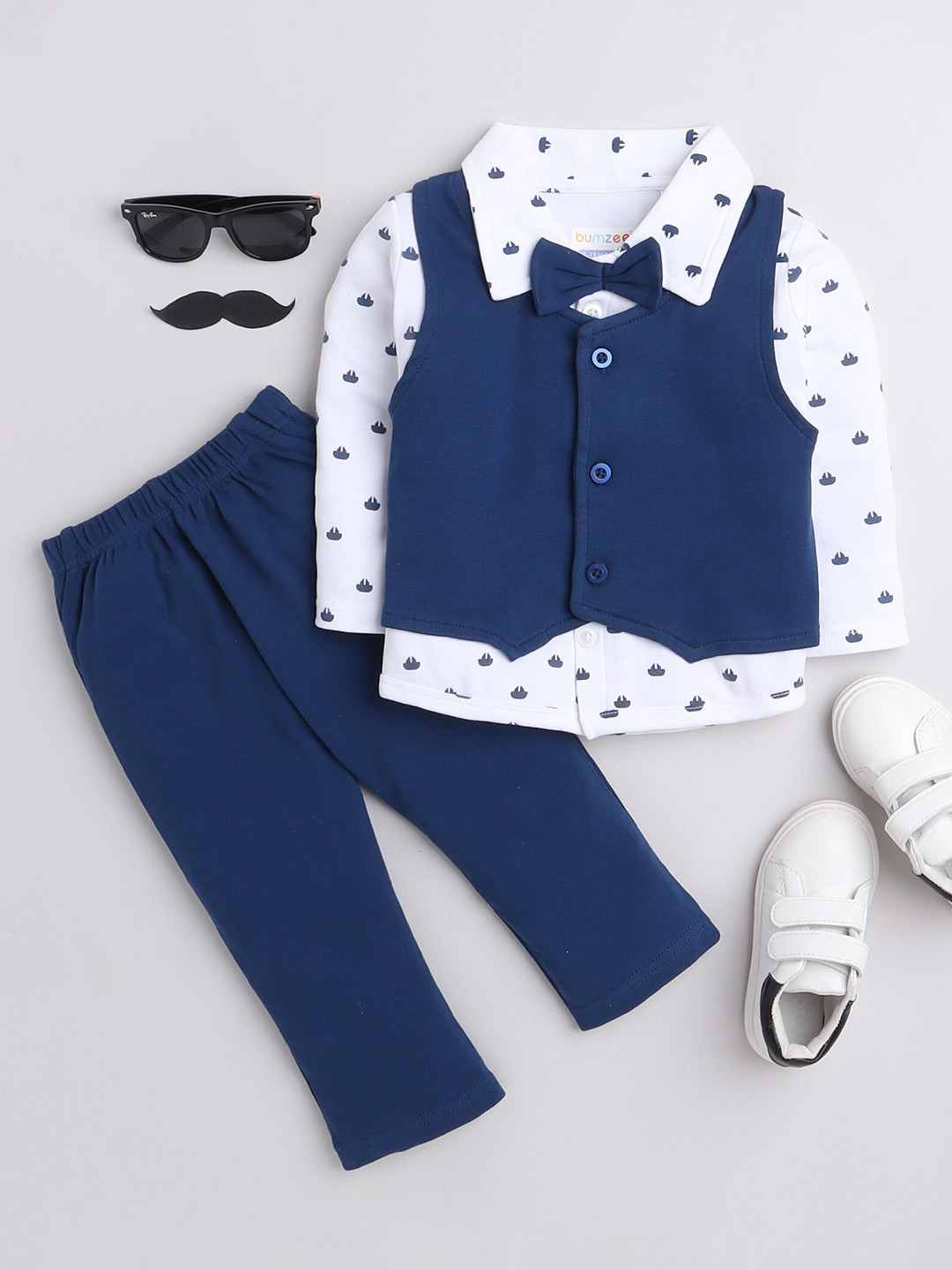 BUMZEE Boys Navy Blue & White Printed Shirt with Trousers