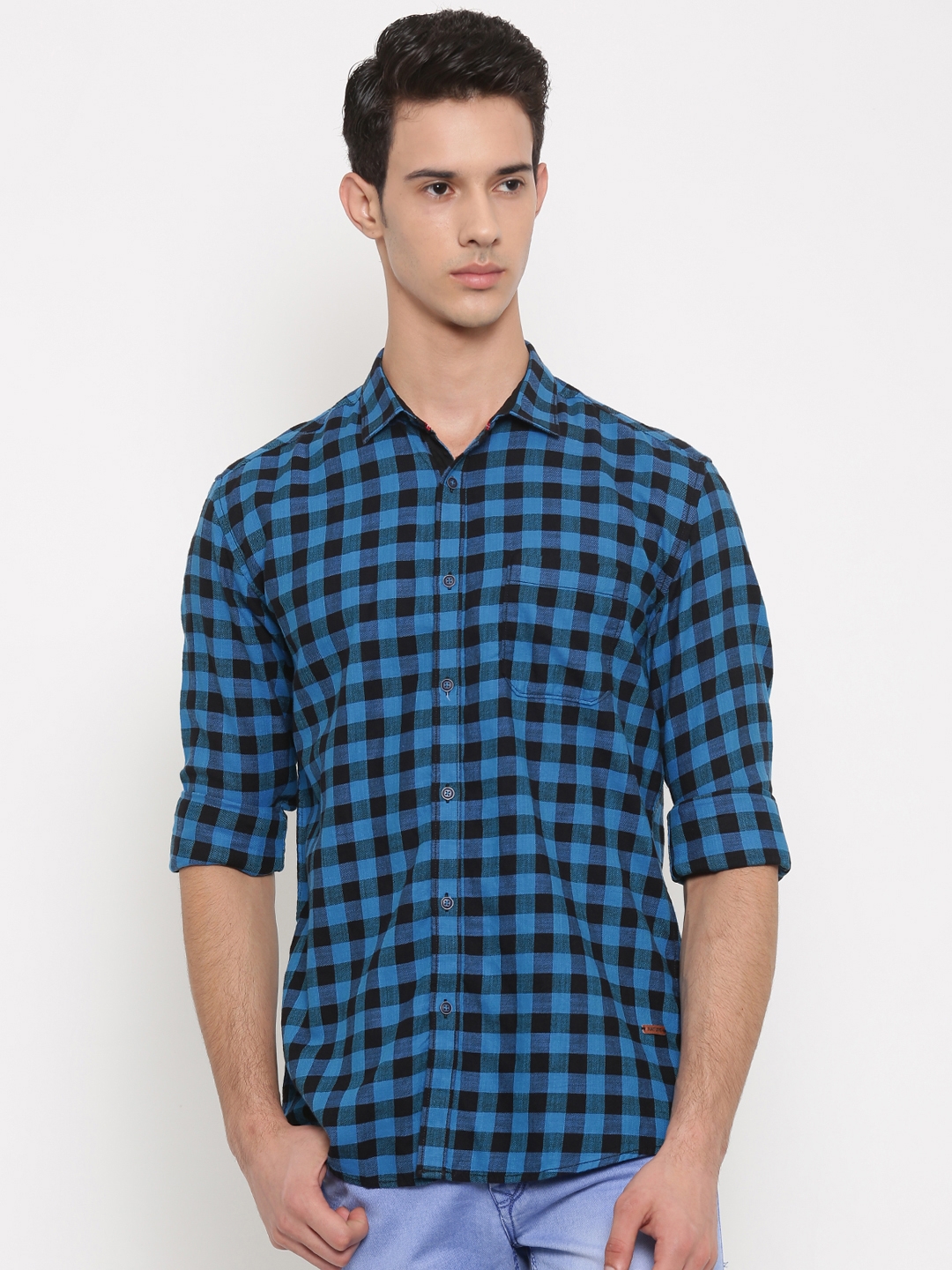 Nature Casuals Men Black   Blue Slim Fit Checked Casual Shirt