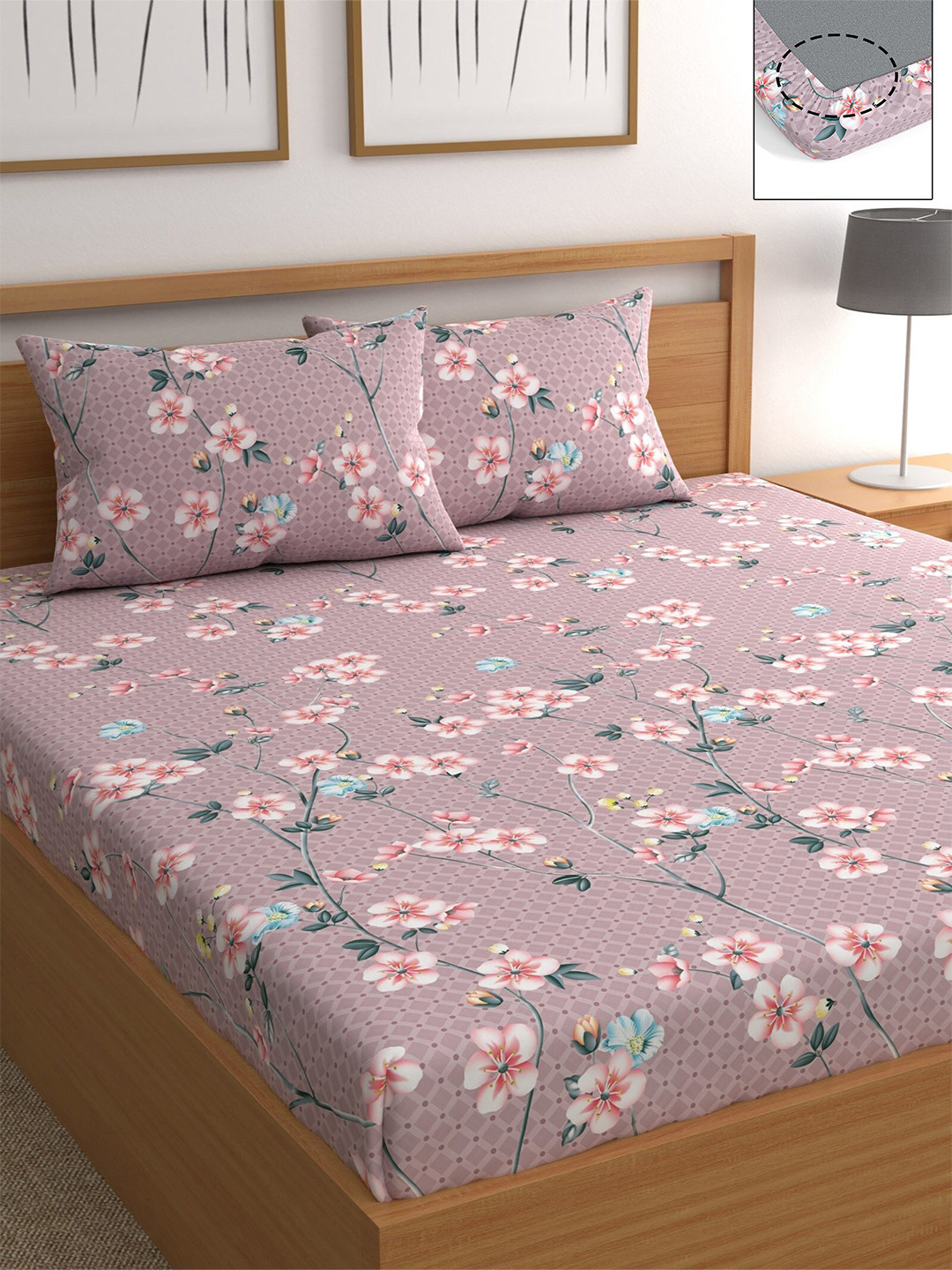 CHHAVI INDIA Purple & Blue Floral 210 TC Queen Bedsheet with 2 Pillow Covers