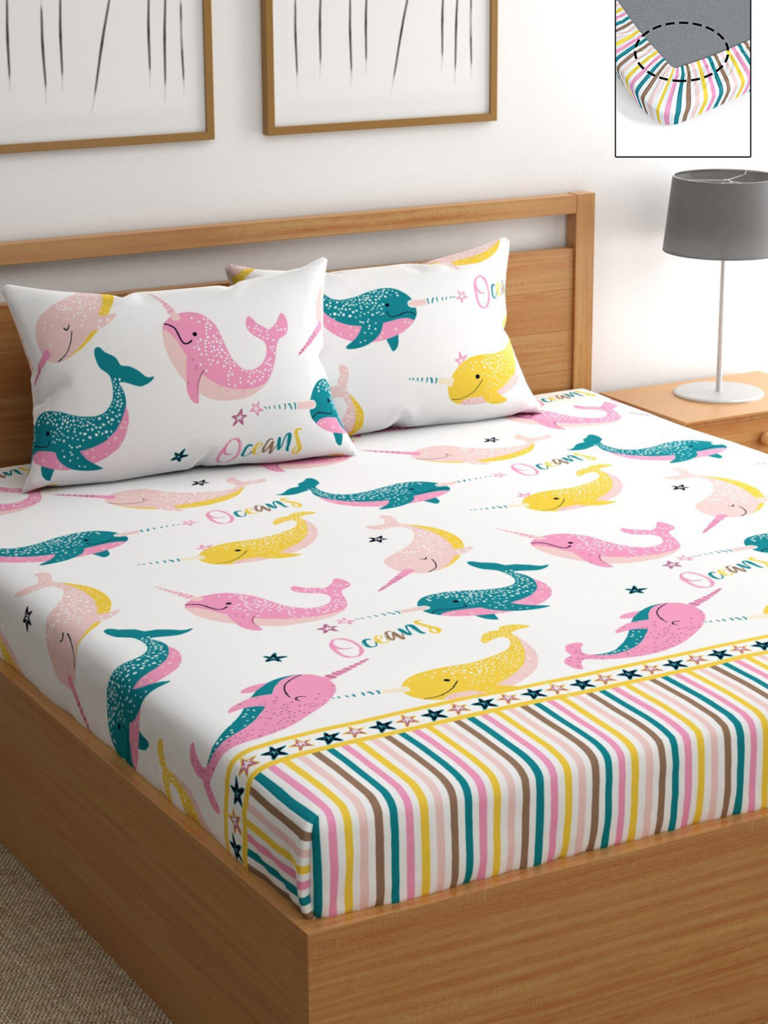CHHAVI INDIA White Conversational Polycotton 210 TC Fitted Queen Fine Bedsheet with 2 Pillow Covers-178 x 198 x 25 cm