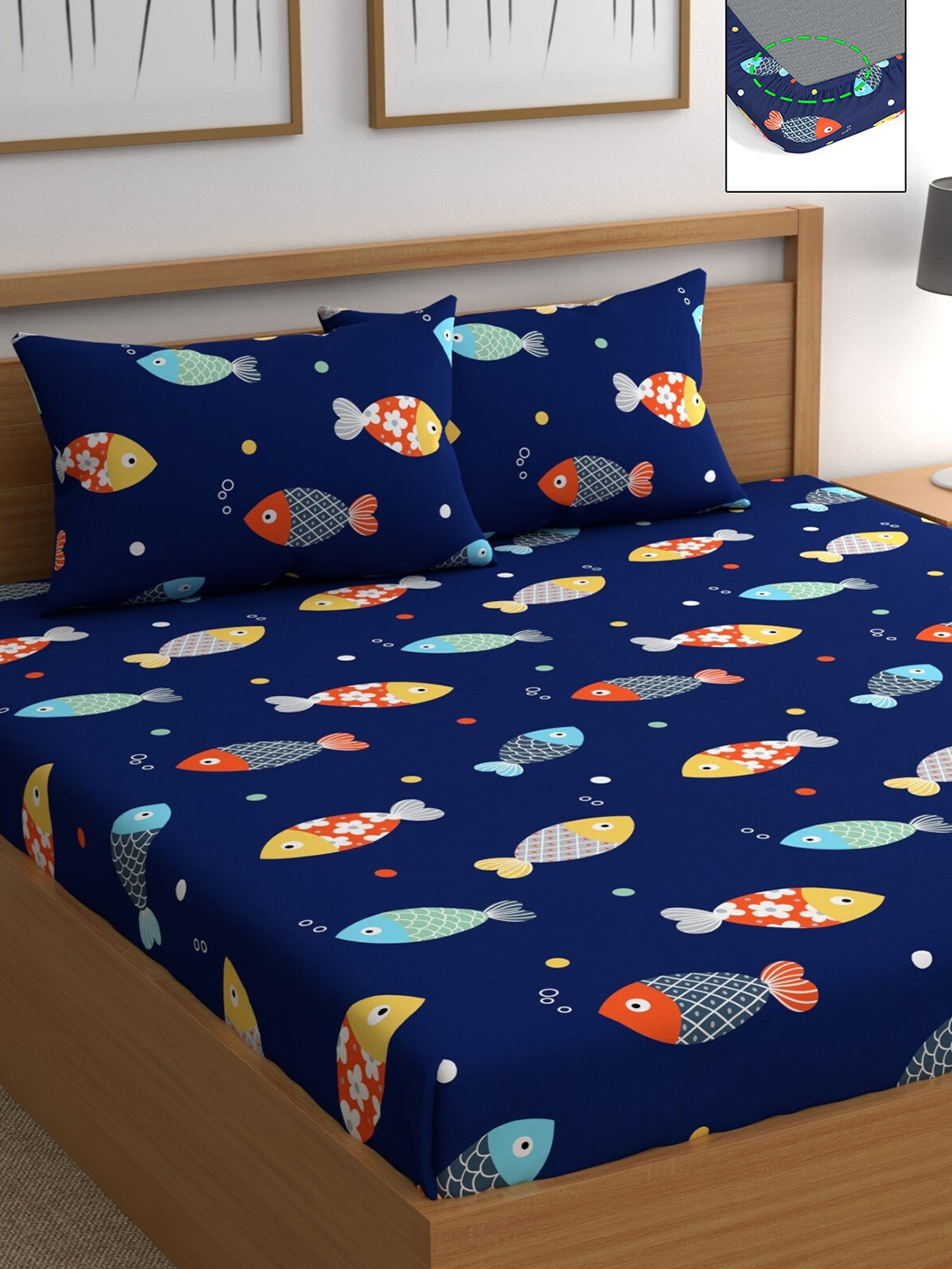 CHHAVI INDIA Blue Conversational Polycotton 210 TC Fitted Queen Fine Bedsheet with 2 Pillow Covers-72 x 78 inches