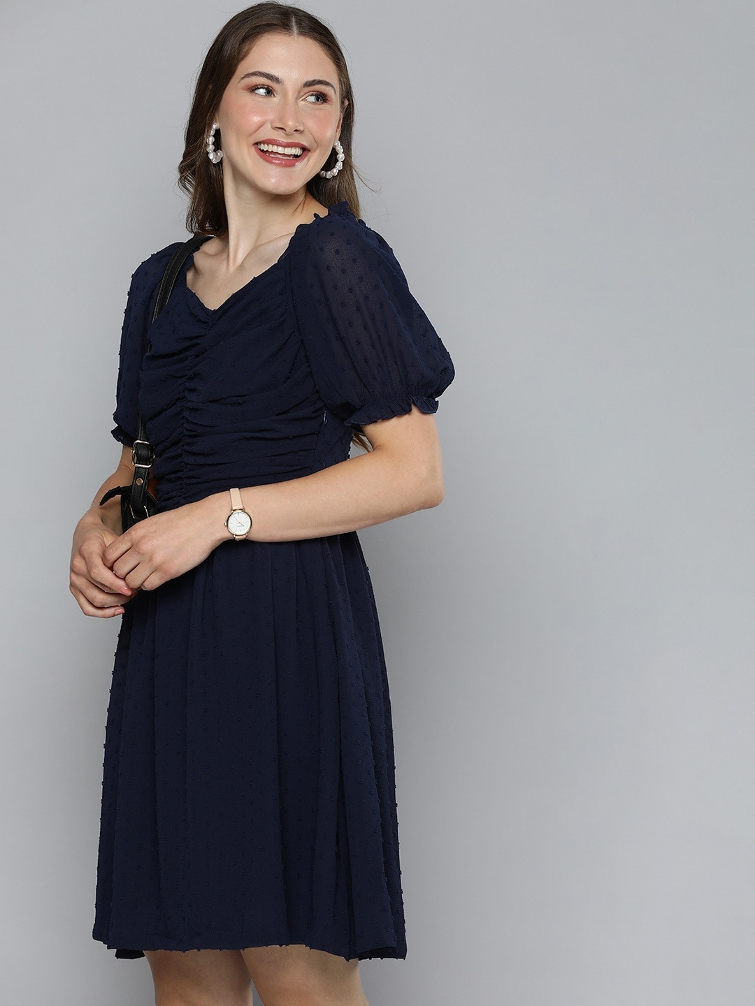 HERE&NOW Puff Sleeve Dobby A-Line Dress With Ruched Detail