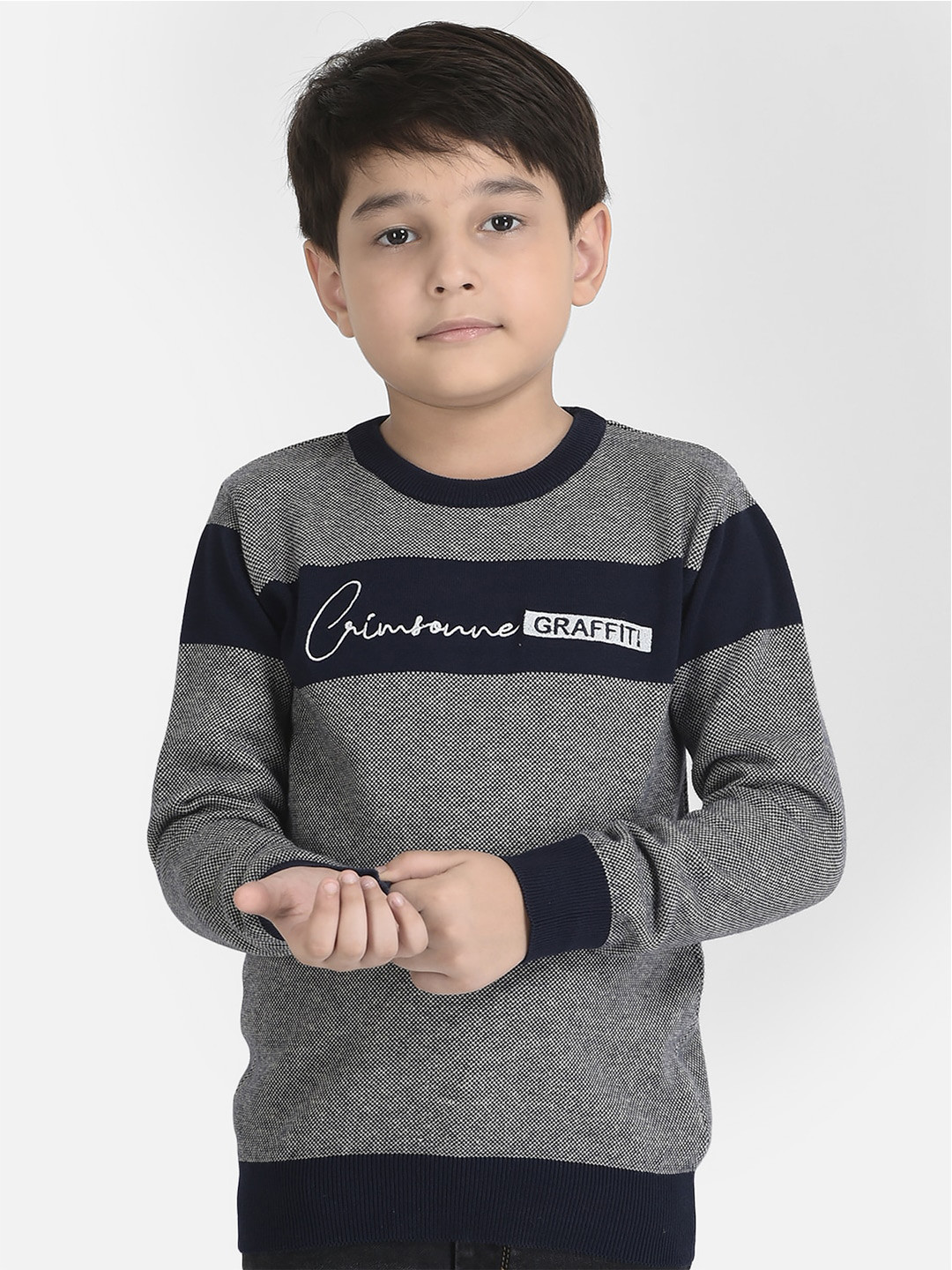 Crimsoune Club Boys Grey & Navy Blue Typography Printed Cotton Pullover