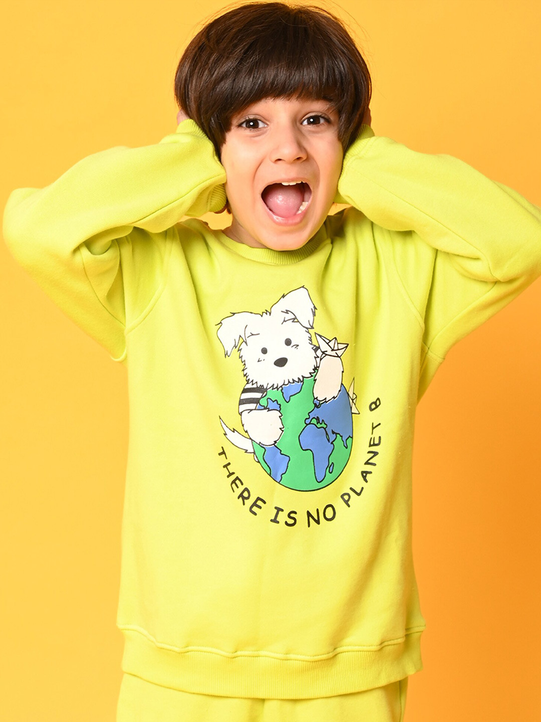 Anthrilo Boys Lime Green Fleece Printed Sweatshirt