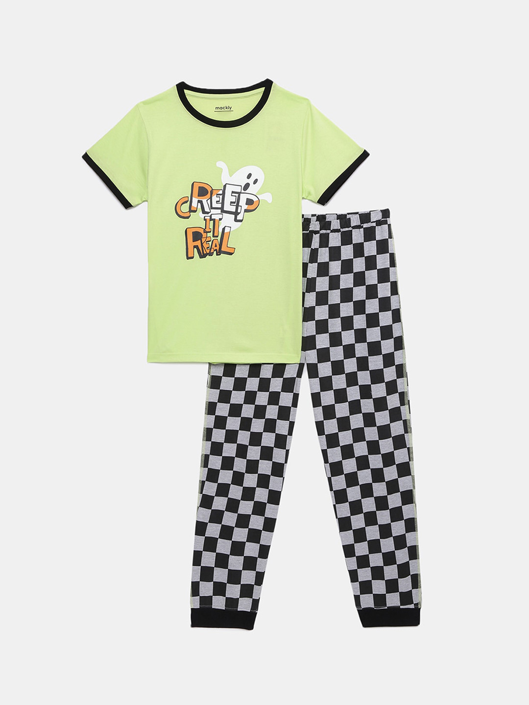 mackly Boys Green & Grey Printed Cotton Halloween Night suit