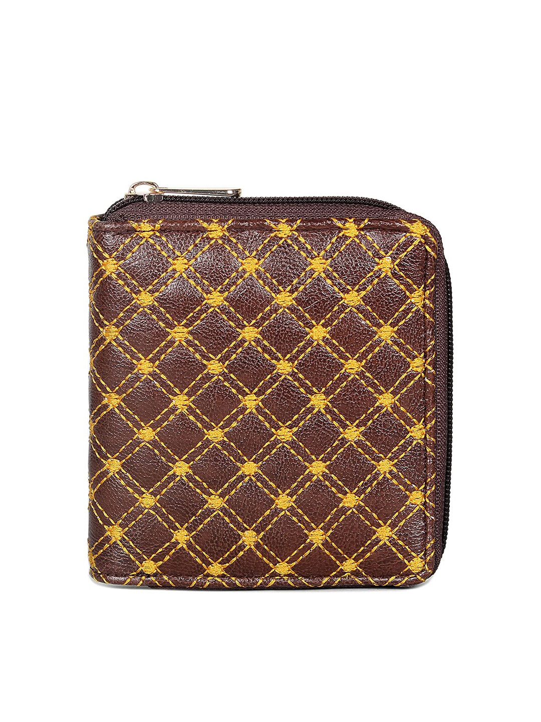 THE CLOWNFISH Cozy Women Yellow & Brown Geometric Embroidered Zip Around Wallet