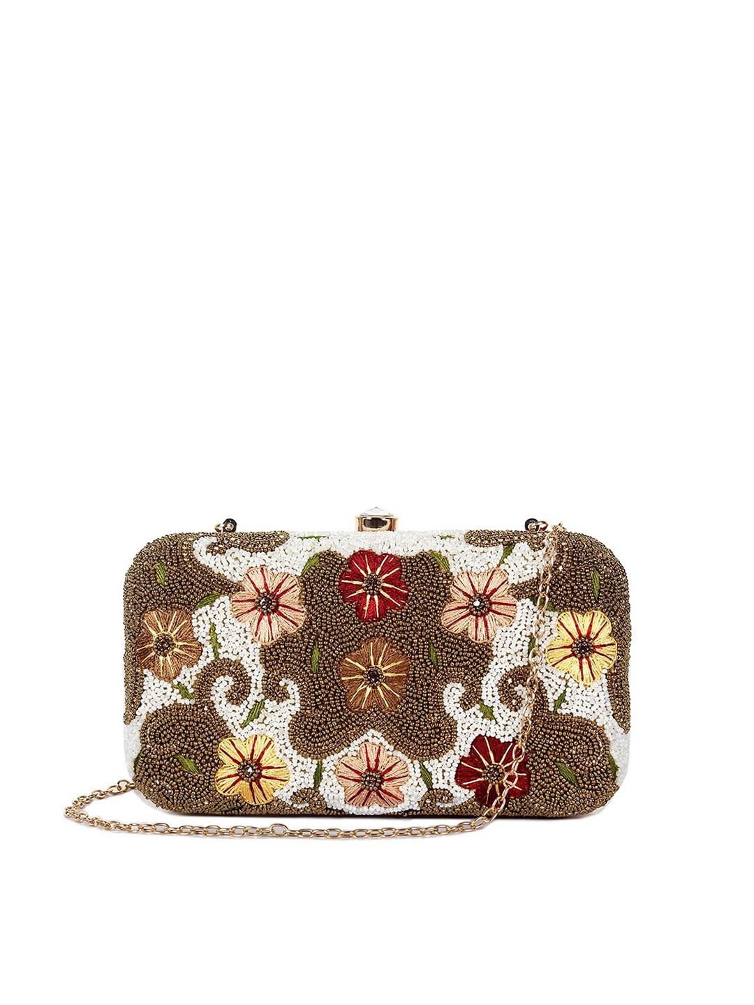 THE CLOWNFISH Senorita Coffee Brown & Green Embellished Buckle Detail Box Clutch