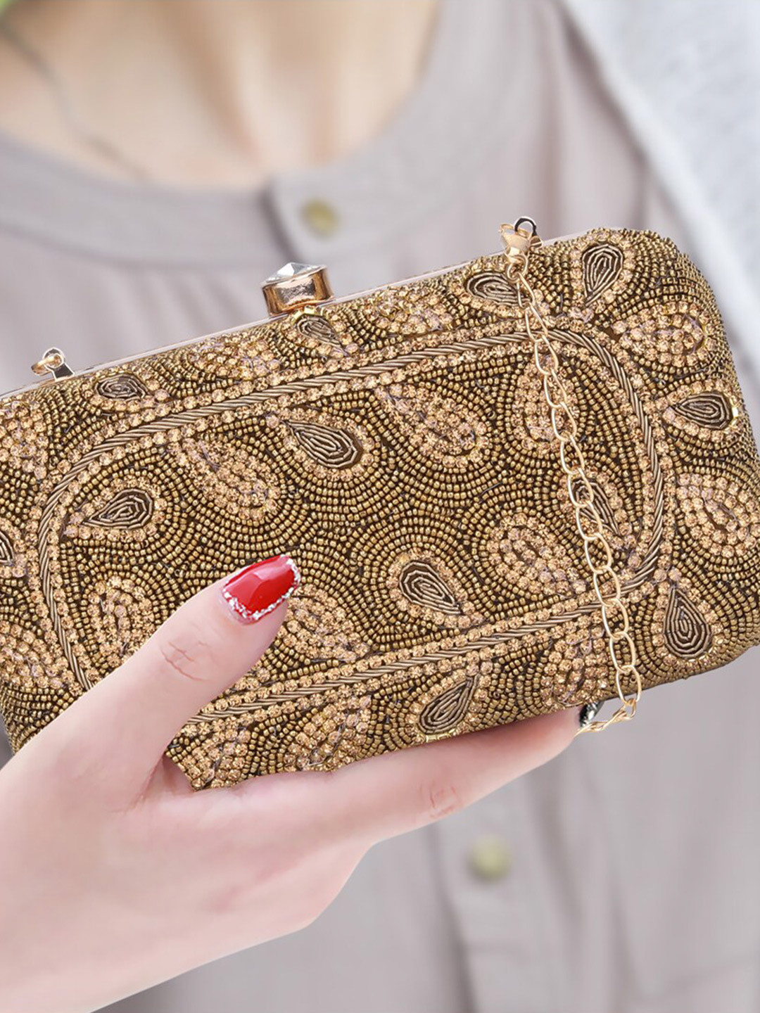 THE CLOWNFISH Angela Gold-Toned Embellished Embellished Box Clutch