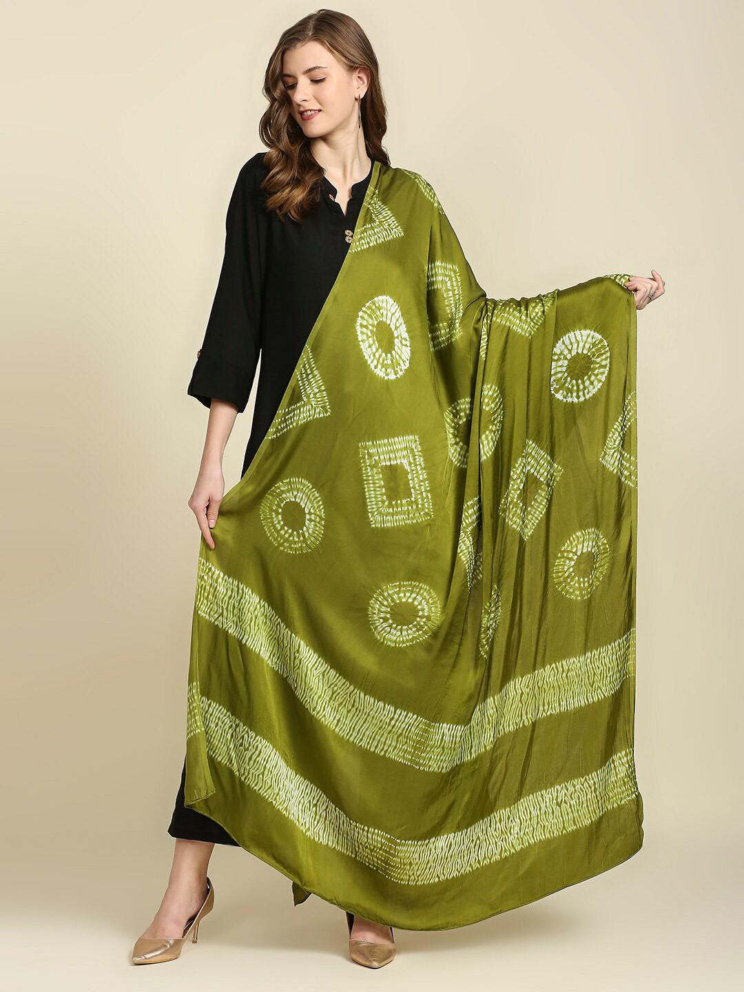 Dupatta Bazaar Olive Green Dyed Pure Silk Bandhani Dupatta