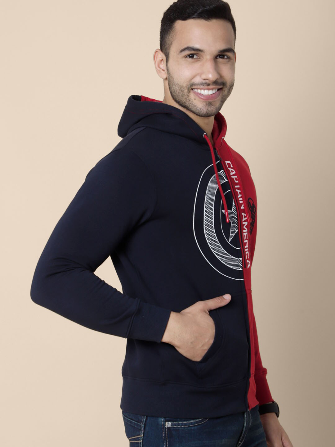 Free Authority Men Red Captain America Printed Colourblocked Zipper Hooded Sweatshirt