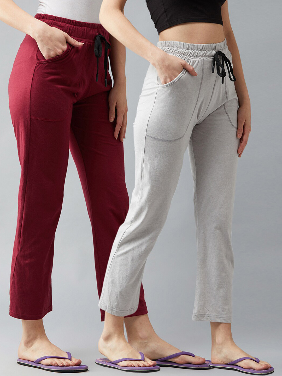 Blinkin Women Pack Of 2 Maroon and Grey Solid Lounge Pants