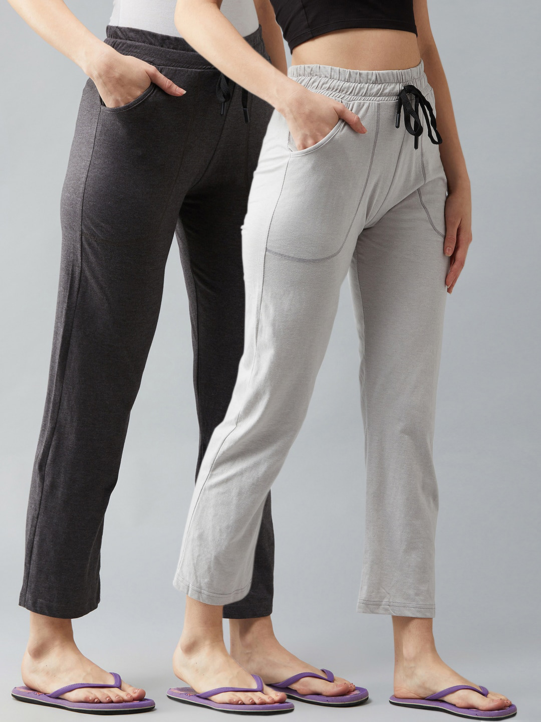 Blinkin Women Grey & Black Cotton Pack Of 2 Solid Relaxed-Fit Track Pants