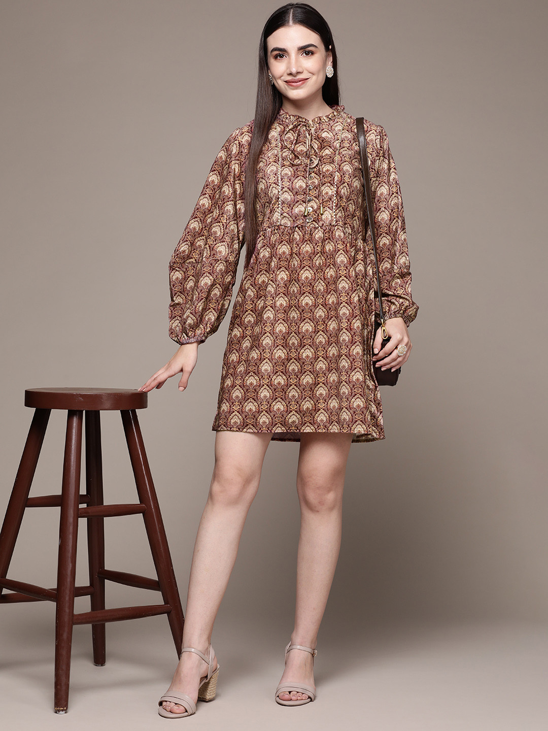 aarke Ritu Kumar Women Ethnic Motifs Tie-Up Neck Velvet Ethnic A-Line Dress