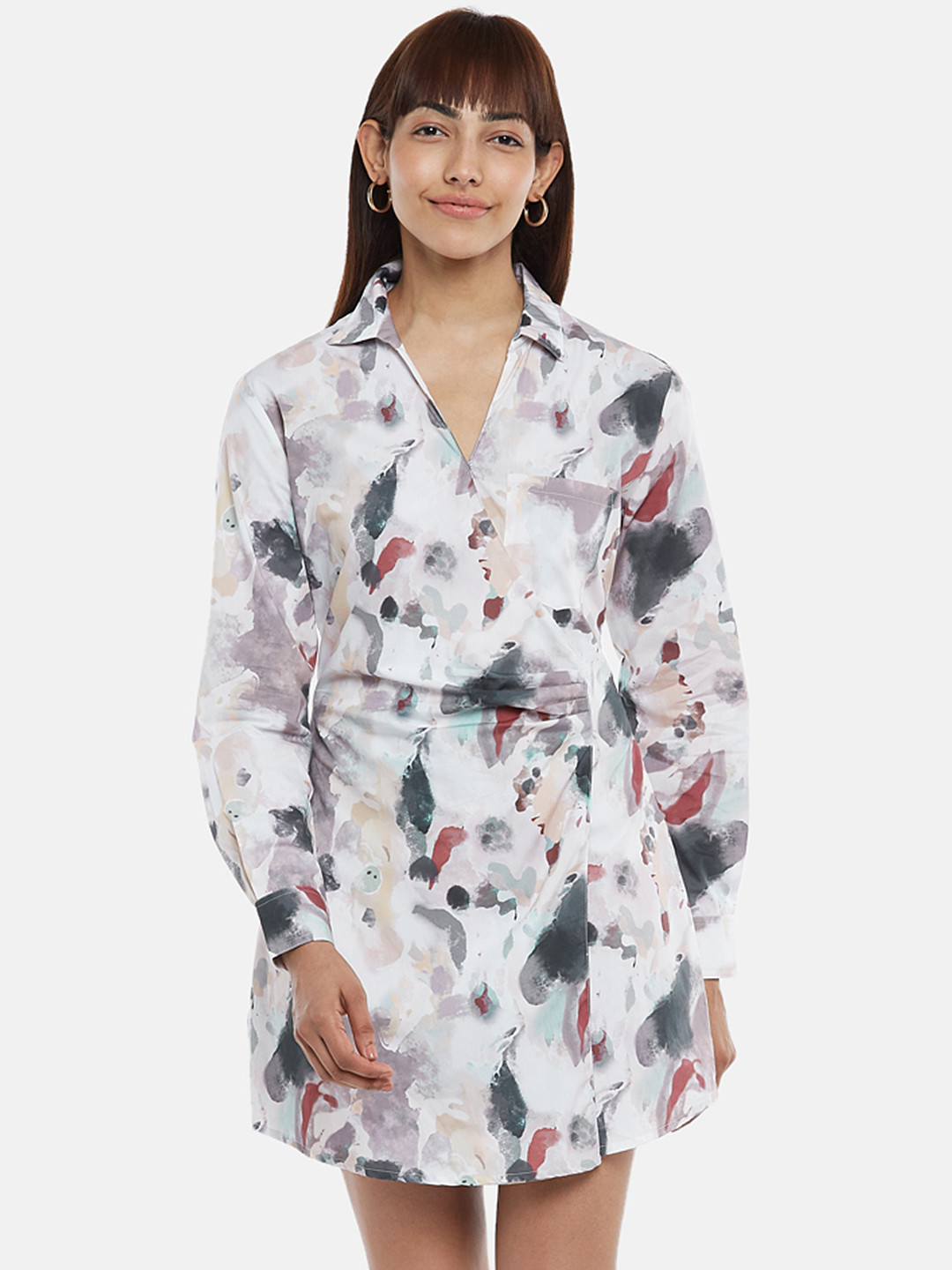 SF JEANS by Pantaloons Women Off White & Grey Cotton Shirt Dress