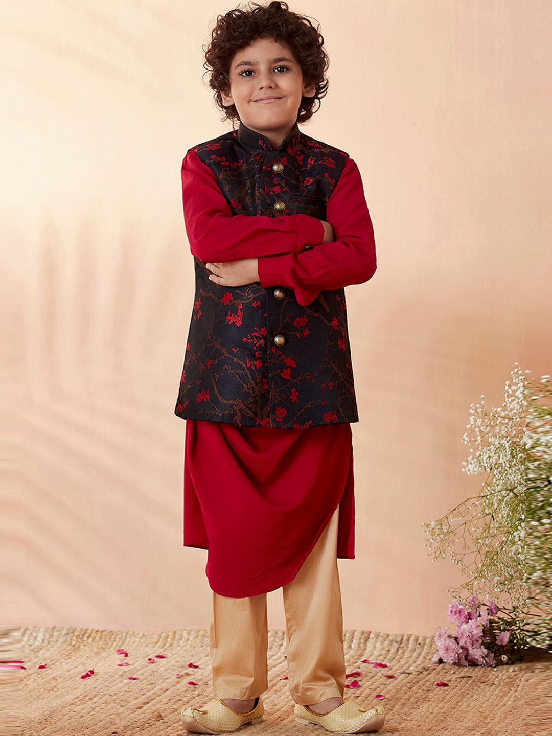 Manyavar Boys Maroon Solid Angrakha Kurta with Pyjamas