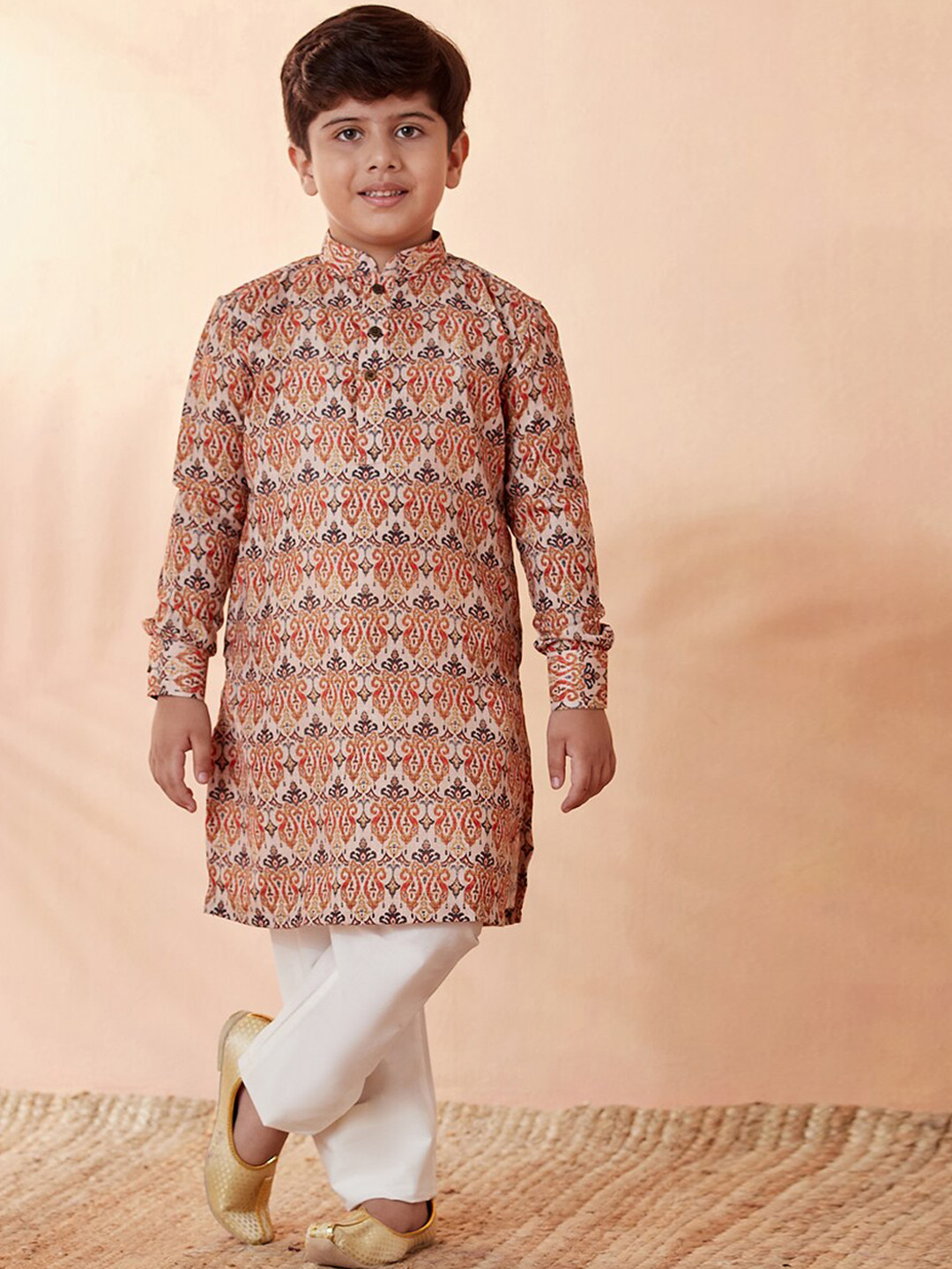 Manyavar Boys Beige Ethnic Motifs Kurta with Pyjamas