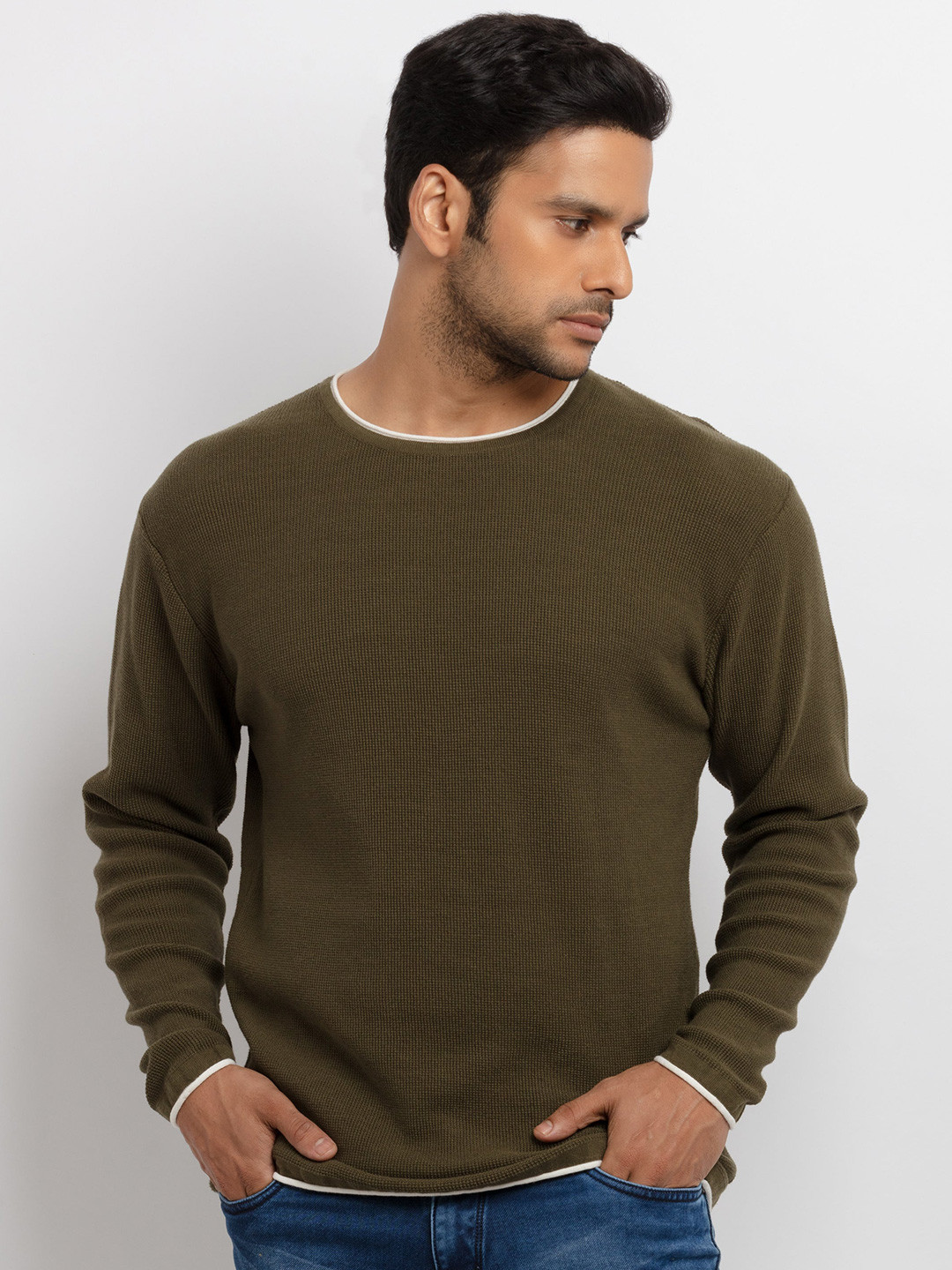 Status Quo Men Olive Green & White Pullover