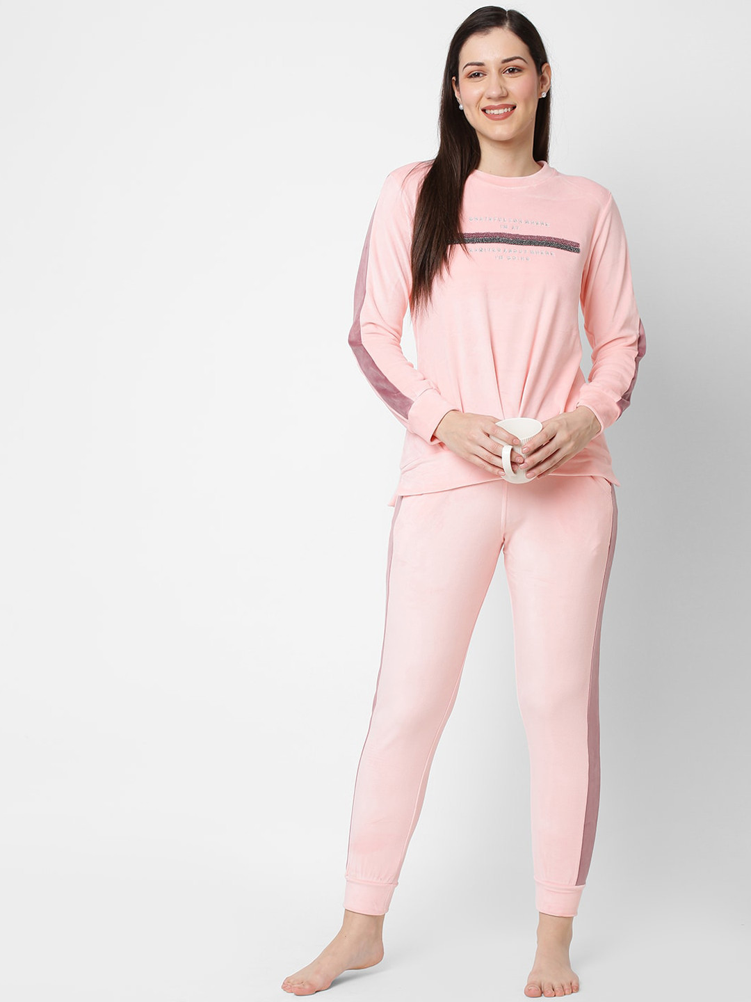 Sweet Dreams Women Pink Printed Polyester Round Neck Night suit