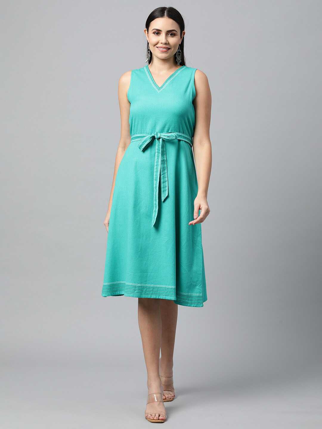 KAMI KUBI Women Teal Blue A-Line sleeveless Pure Cotton Dress