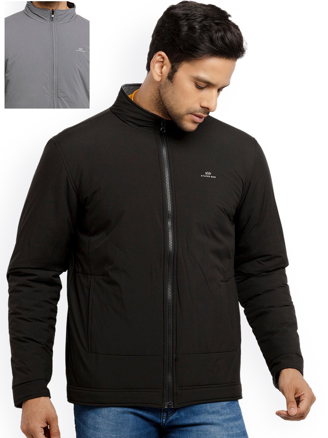 Status Quo Men Grey Solid Reversible High Neck Jacket