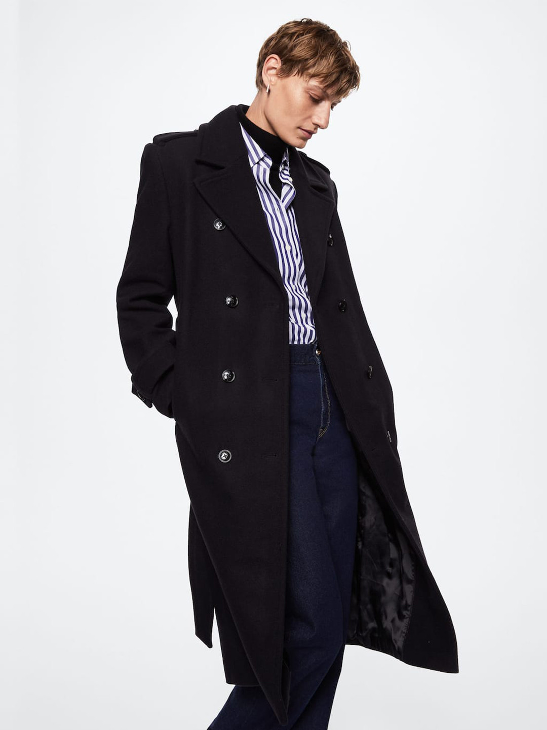 MANGO Women Black Oversized Virgin Wool Sustainable Trench Coat