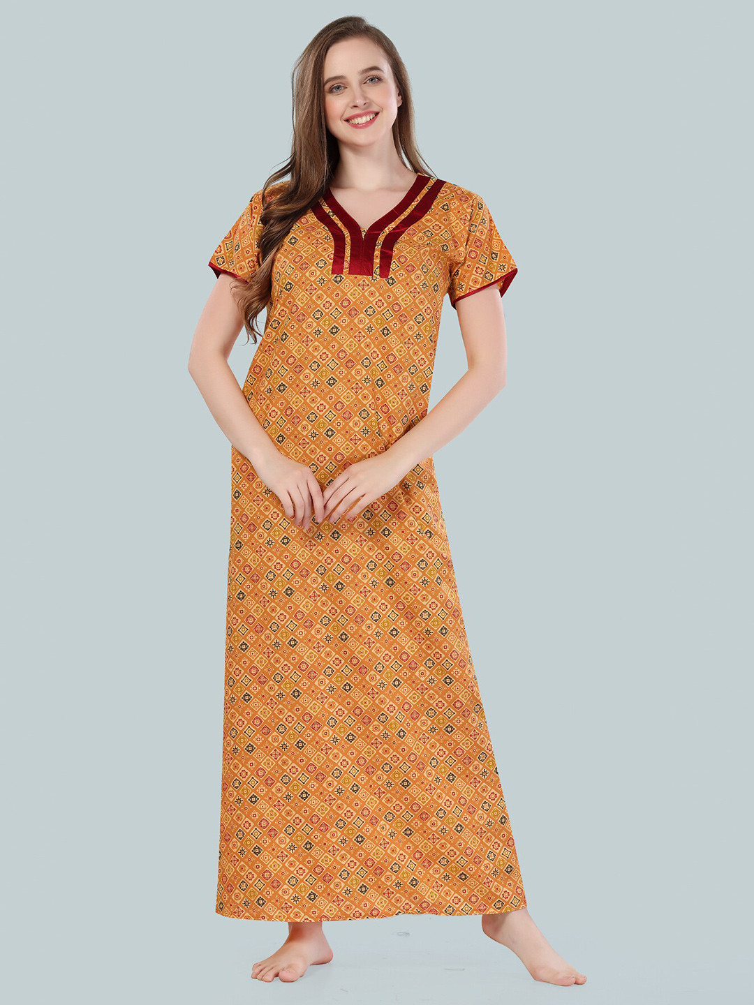 Be You Orange Printed Cotton Maxi Nightdress