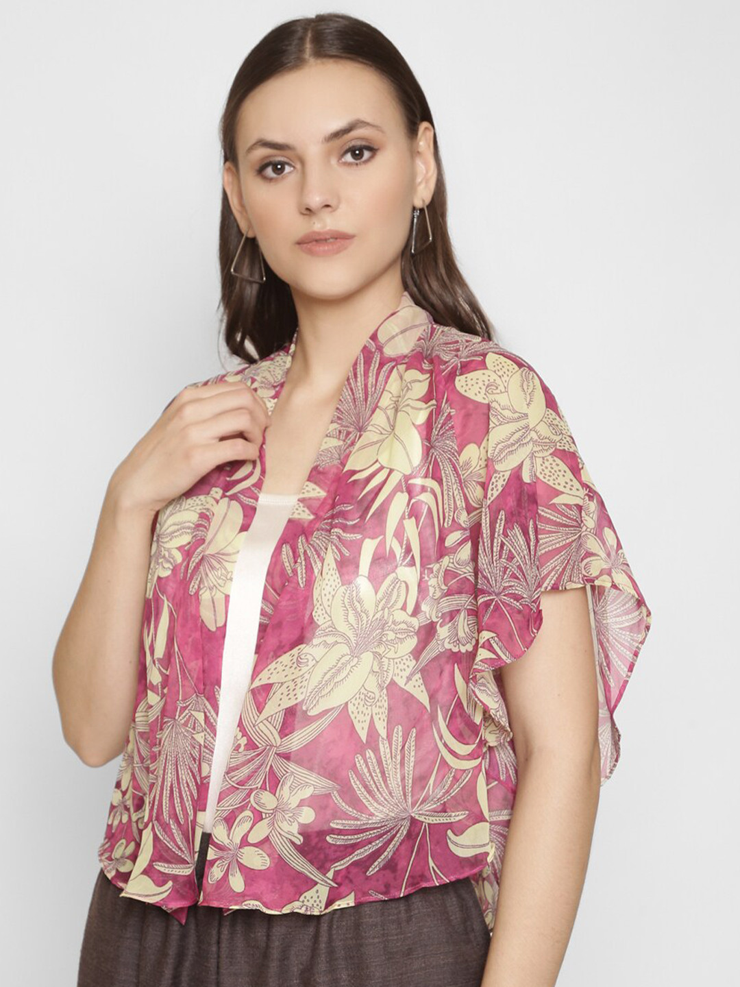 250 DESIGNS Women Pink & Beige Printed Sheer Shrug