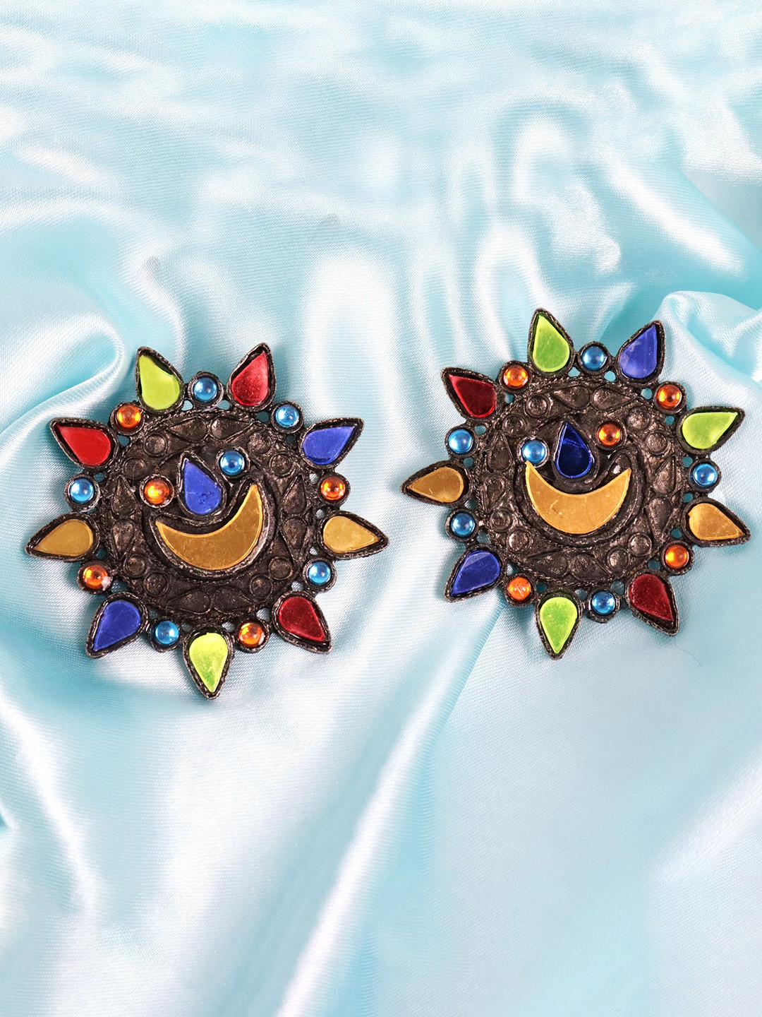 Krelin Blue & Red Brass Plated Geometric Studs Earrings