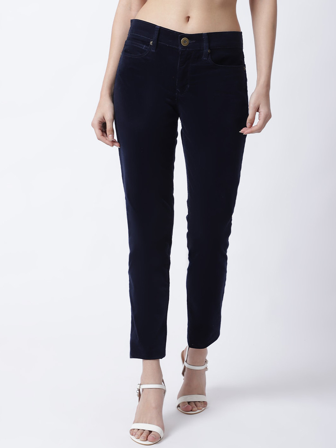 GRACIT Women Navy Blue Easy Wash Corduroy Trouser