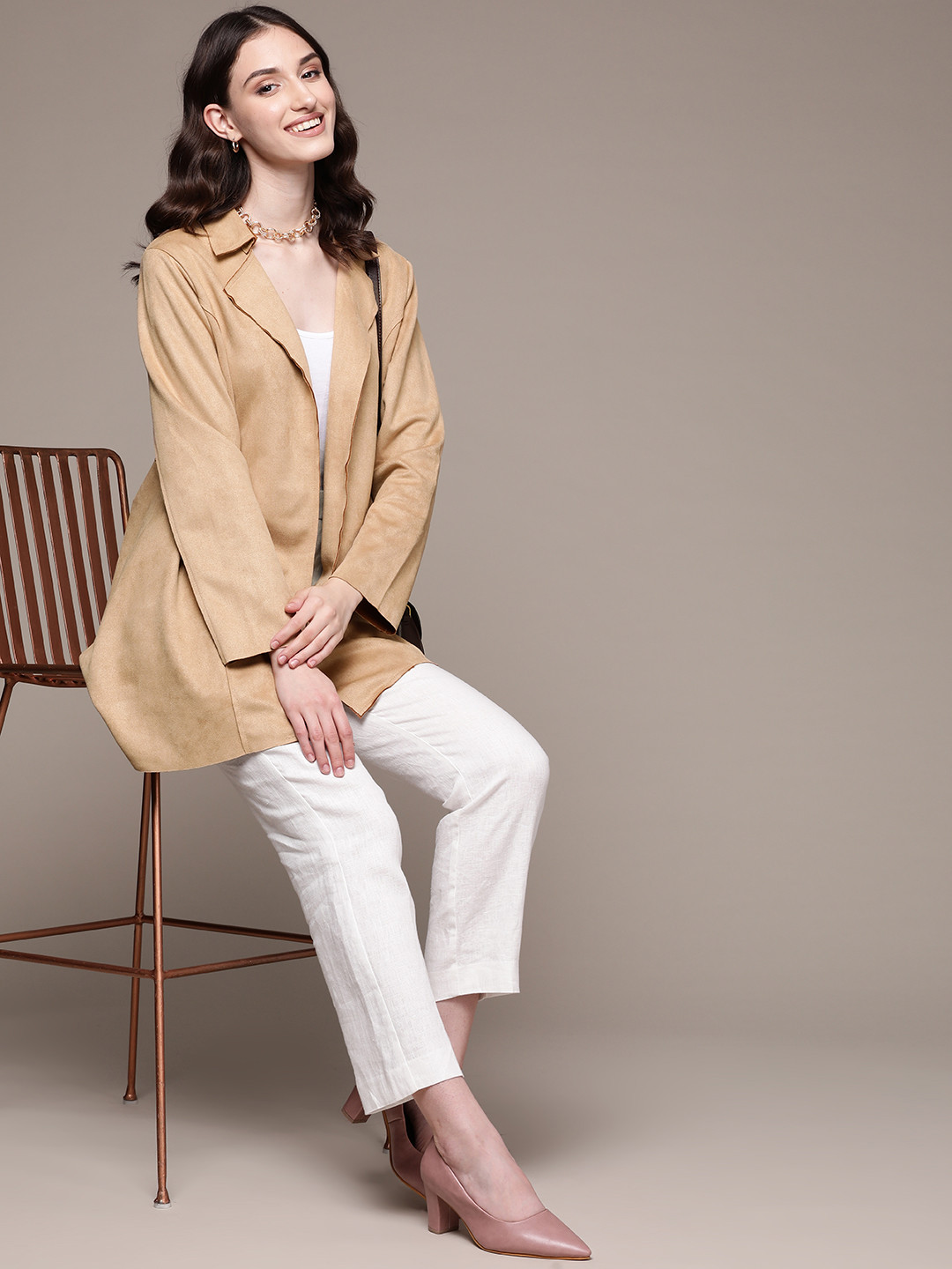 aarke Ritu Kumar Women Tan Suede Longline Open Front Jacket