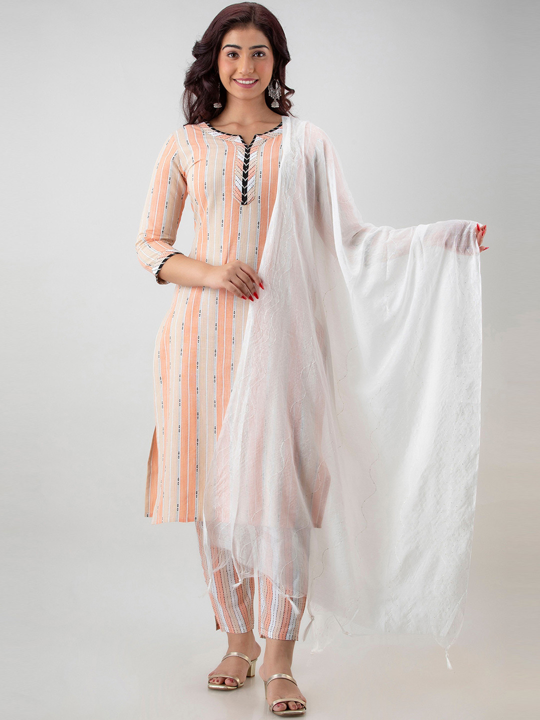 CKM Women Orange Printed Kurta with Trousers & With Dupatta