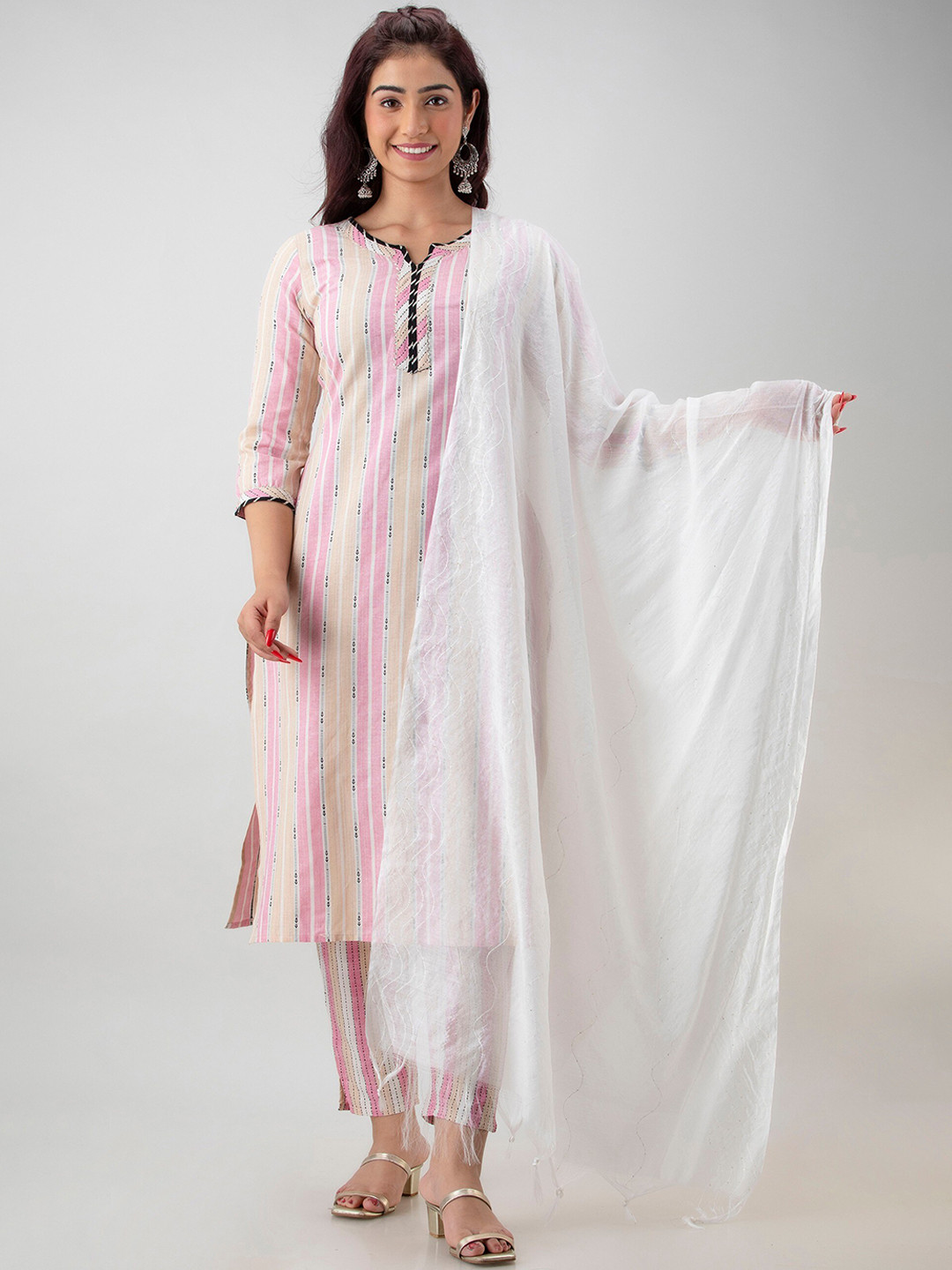 CKM Women Pink Striped Kurta with Trousers & With Dupatta