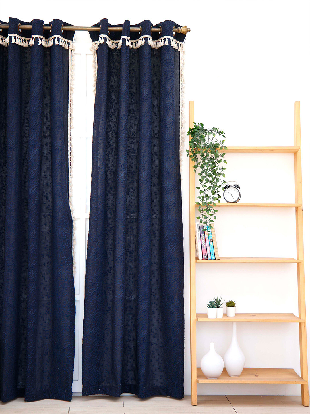 Ariana Navy Blue & Grey Embroidered Sheer Door Curtain