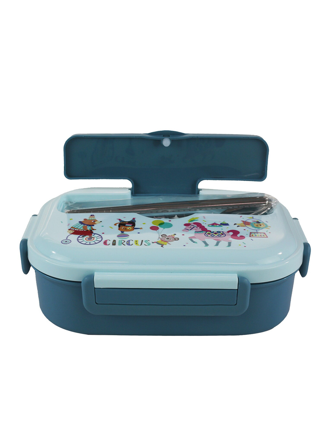 Smily Kiddos Circus Theme Plastic Dishwasher Safe Lunch Box With Spoon and Fork