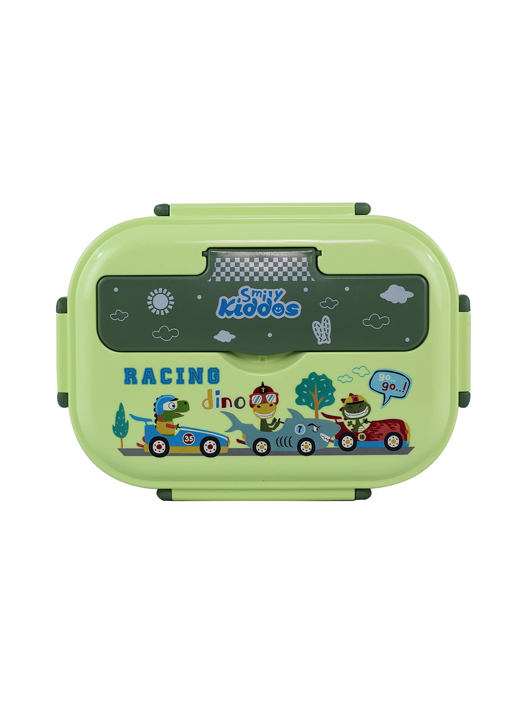 Smily Kiddos Racing Dino Green Conversational Plastic Dishwasher Safe 1PCs Lunch Box