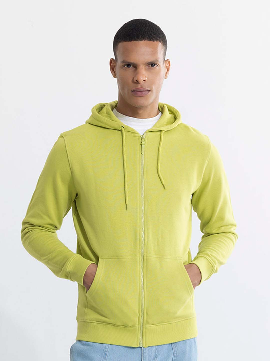 Snitch Men Green Hooded Front Open Pullover Sweatshirt