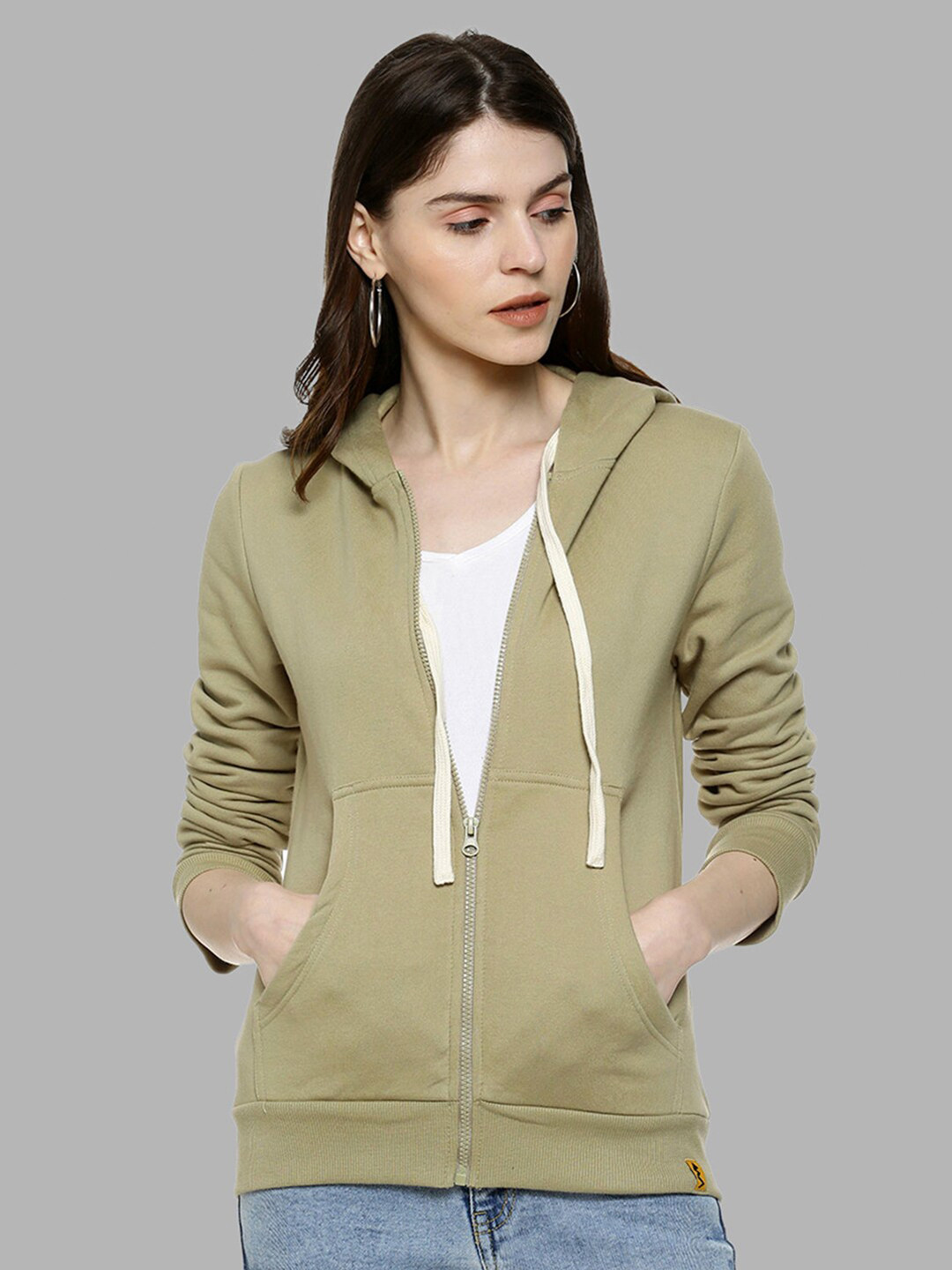Campus Sutra Women Olive Green Hooded Front Open With Zipper Sweatshirt