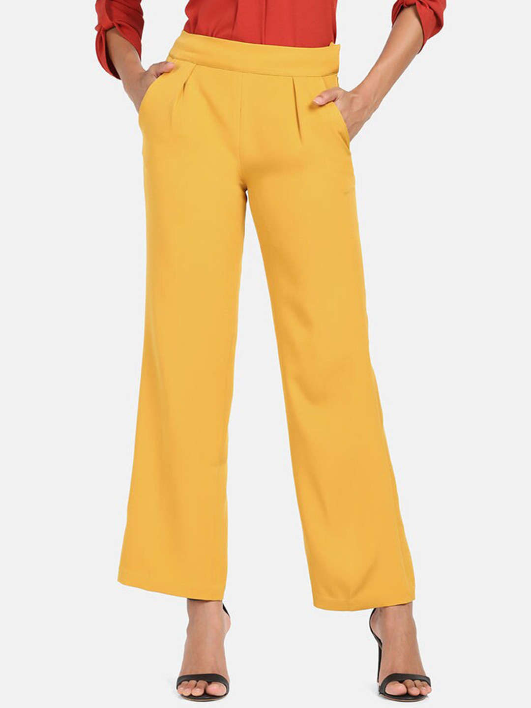 PowerSutra Women Mustard Yellow Comfort Pleated Trousers