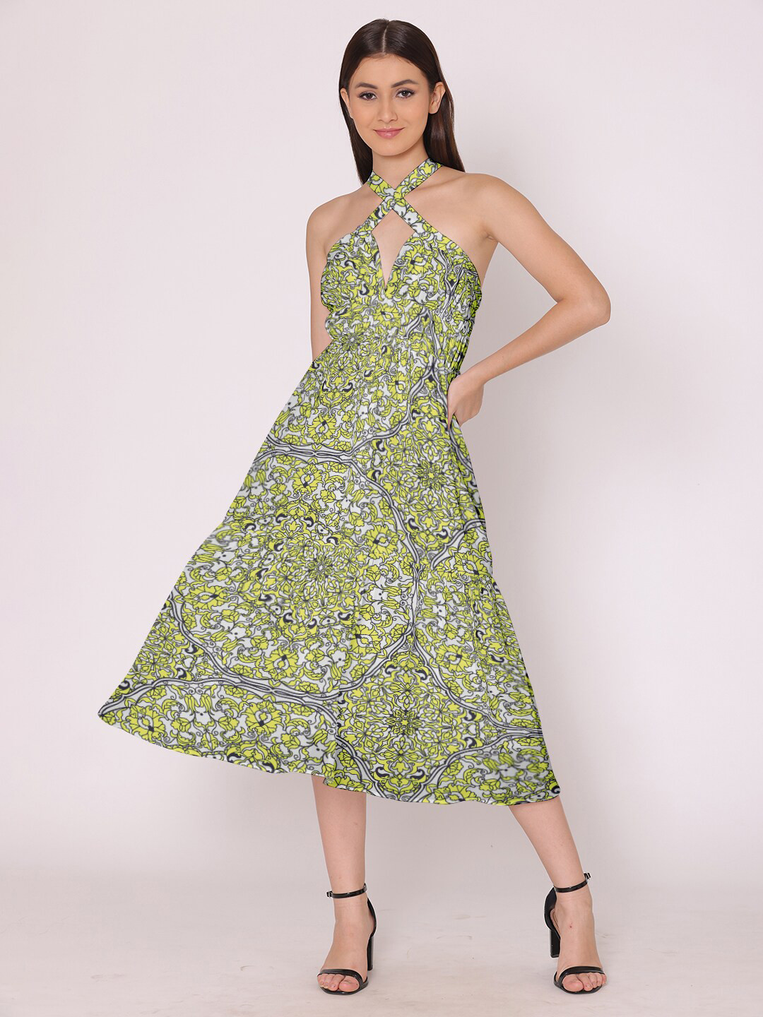 HERE&NOW Yellow Floral Halter Neck Georgette Midi Dress
