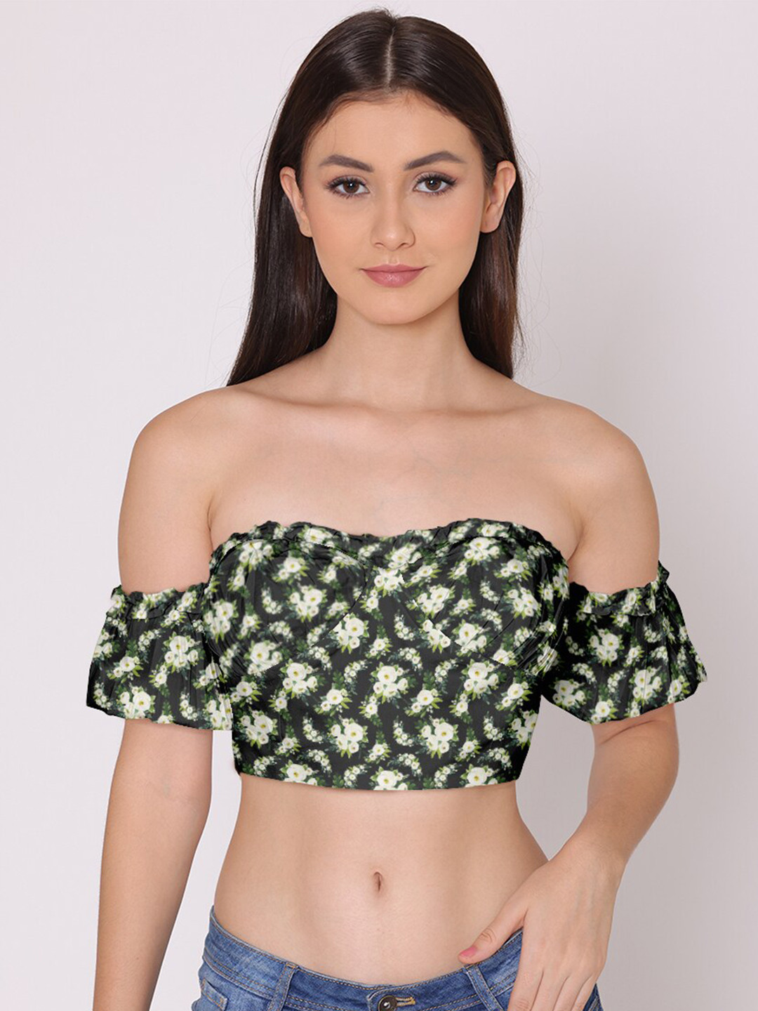HERE&NOW Women Black & Green Floral Print Off-Shoulder Blouson Crop Top